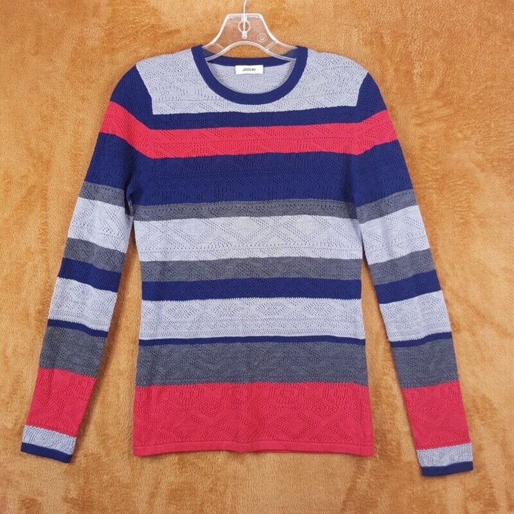 JASON WU Sweater Womens XS Blue Stripe Pullover Crew Loose Knit Casual